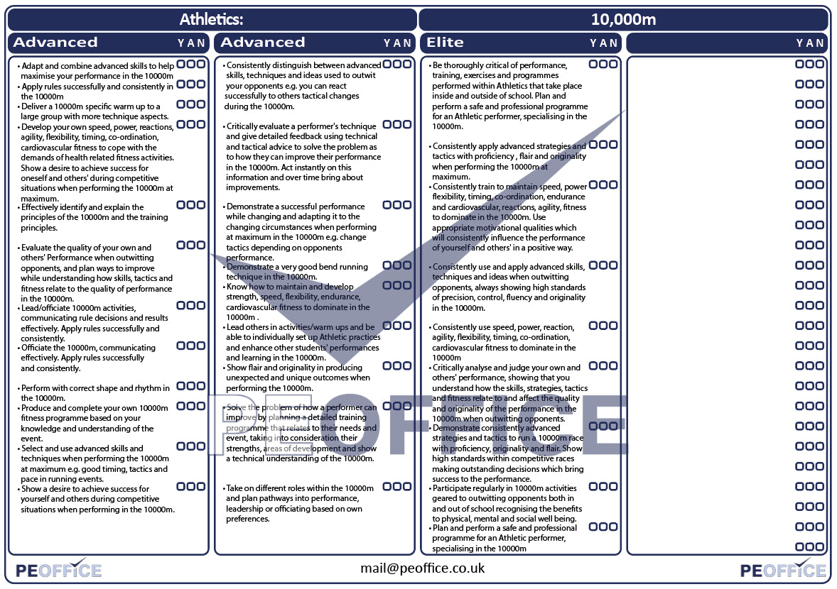 Athletics 10000m Assessment Sheet