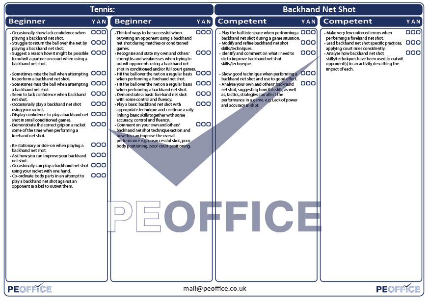 Tennis Backhand Net Assessment Sheet