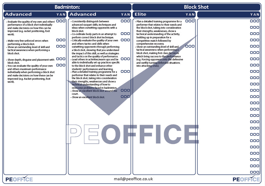 Badminton Block Shot Assessment Sheet