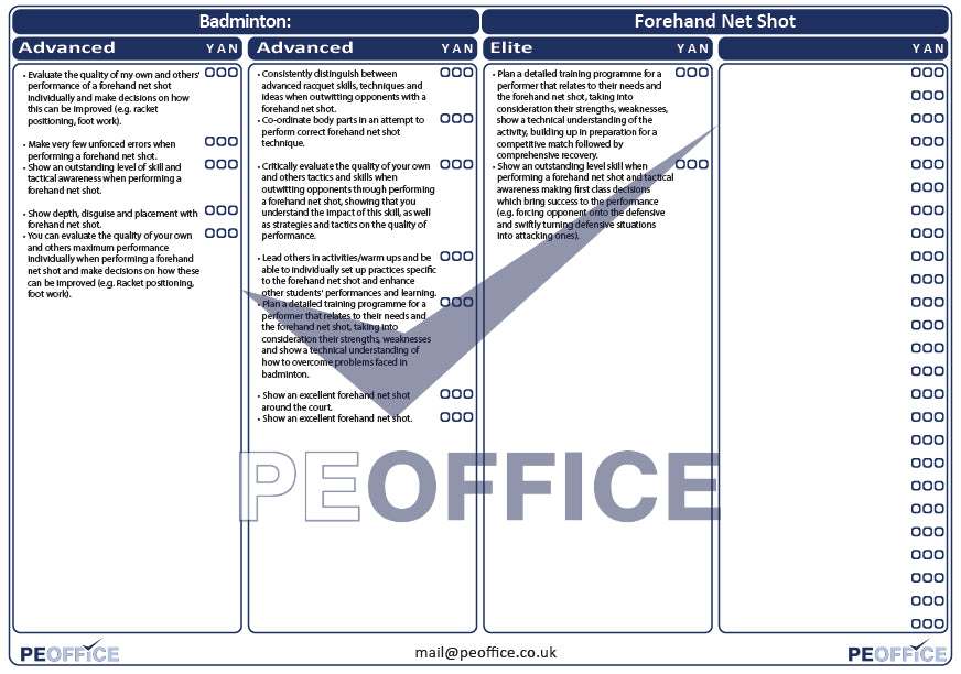 Badminton Forehand Net Assessment Sheet