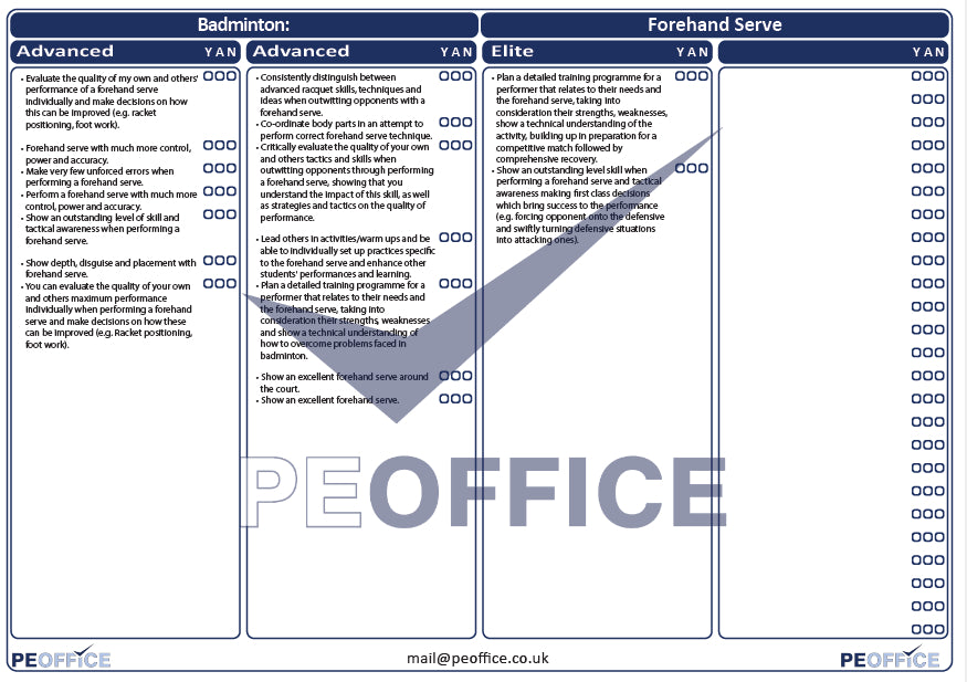 Badminton Forehand Serve Assessment Sheet