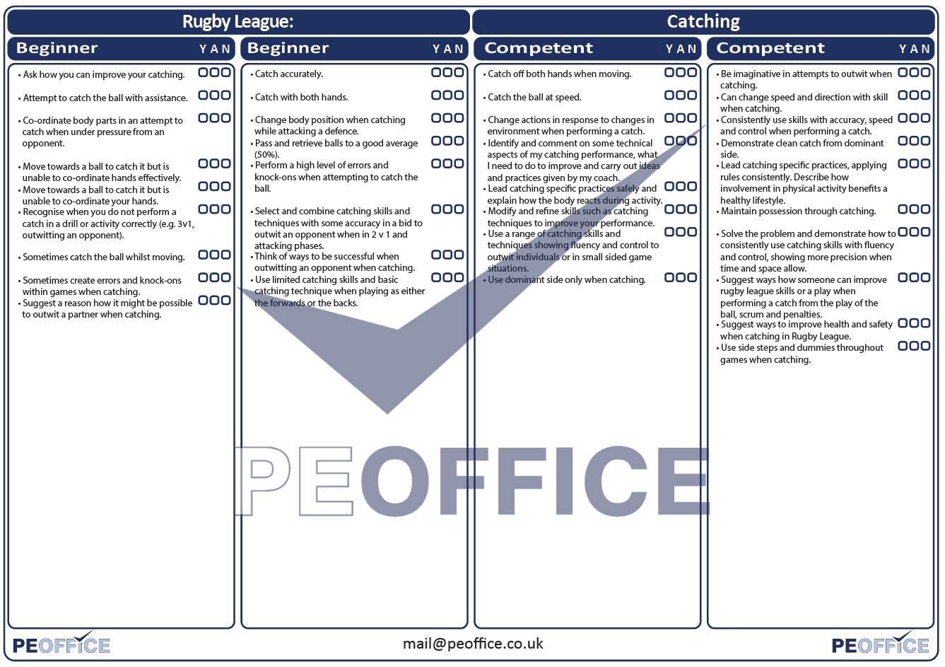 Rugby League Catching Assessment Sheet