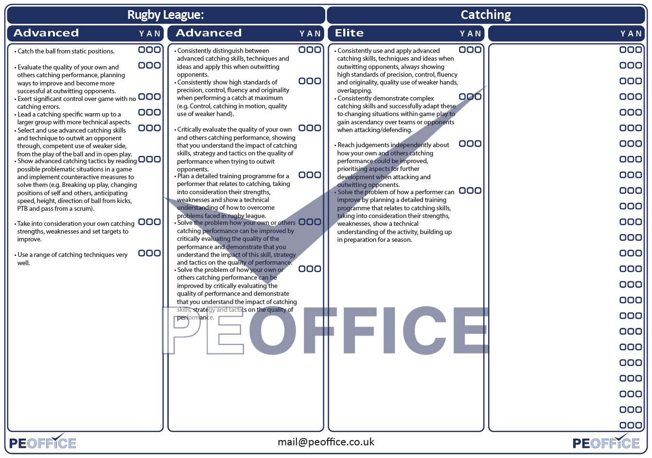 Rugby League Catching Assessment Sheet