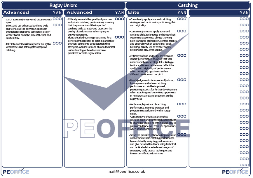 Rugby Union Catching Assessment Sheet