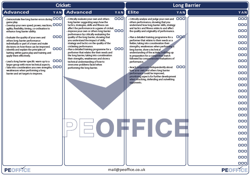 Cricket Long Barrier Assessment Sheets