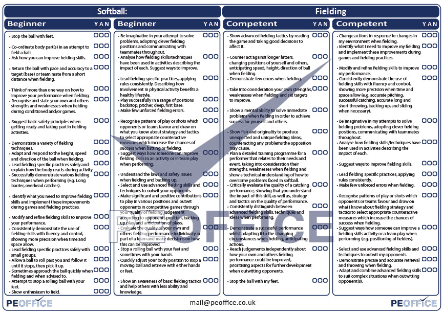 Softball Fielding Assessment Sheet