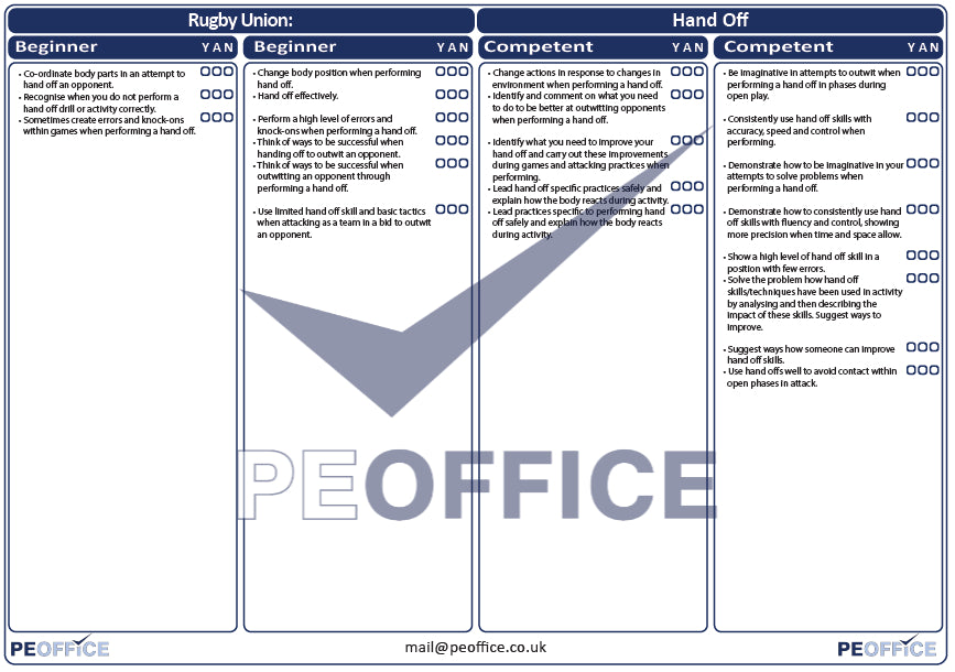 Rugby Union Hand Off Assessment Sheet