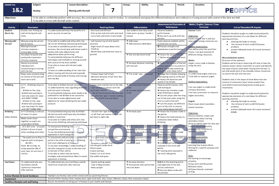 KS3 Hockey Lesson Plan