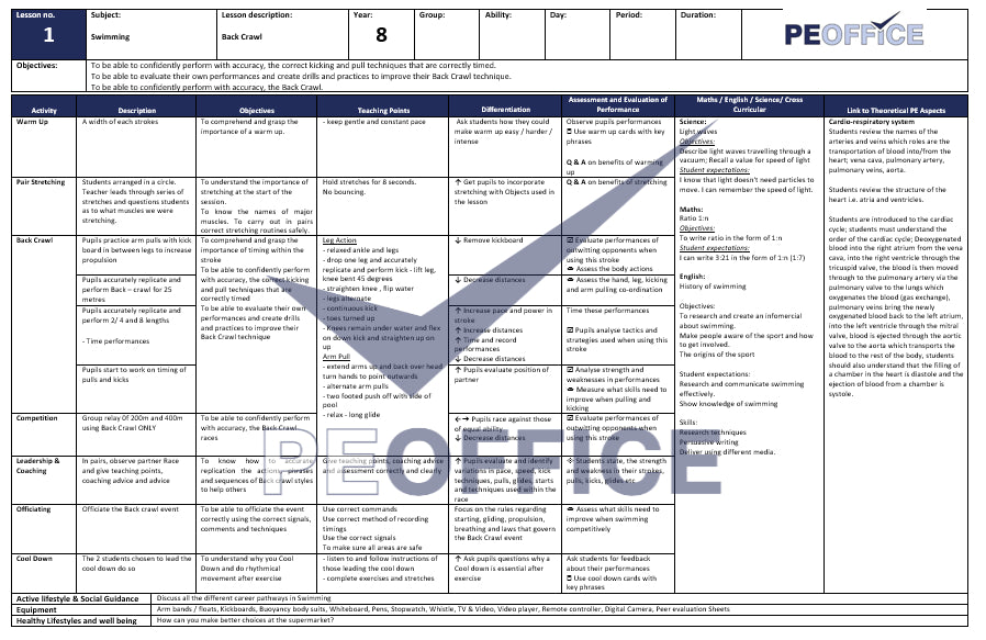 KS3 Swimming Lesson Plans