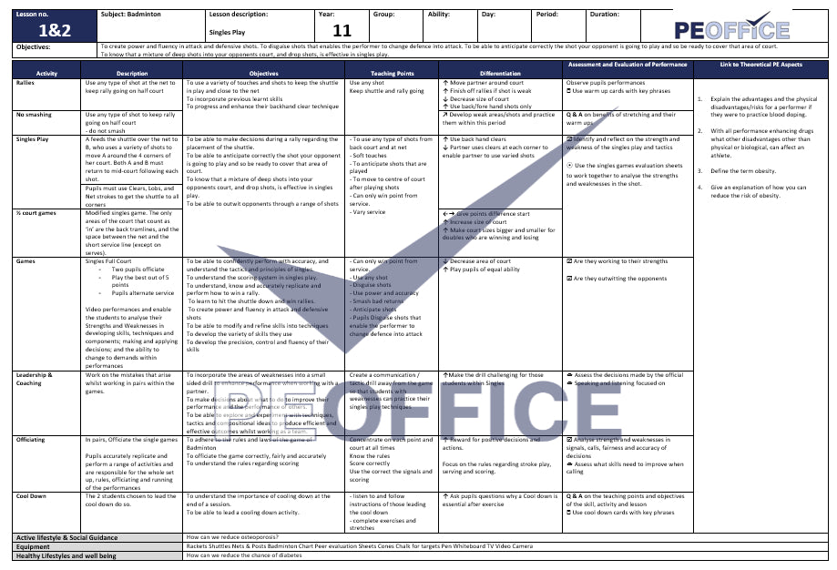 KS4 Badminton Lesson Plan