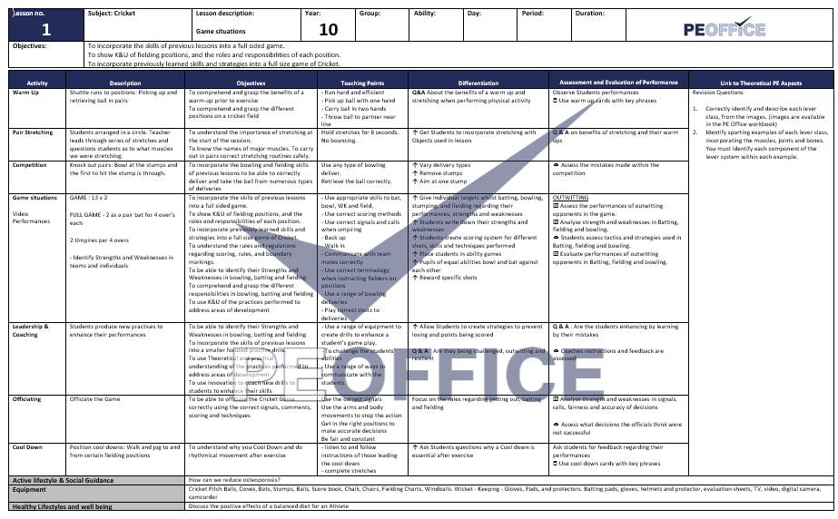 KS4 Cricket Lesson Plans