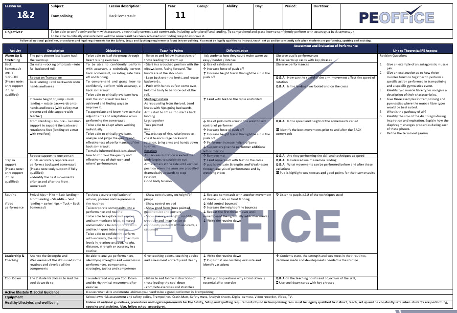 KS4 Trampolining Lesson Plans