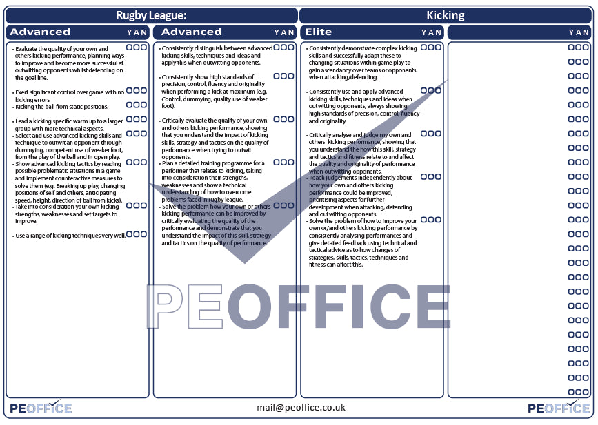 Rugby League Kicking Assessment Sheet