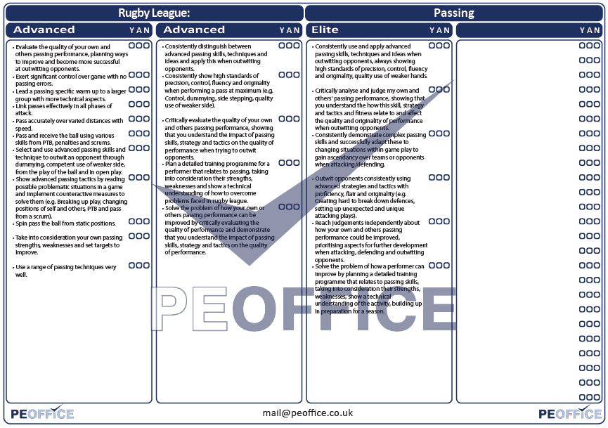 Rugby League Passing Assessment Sheet