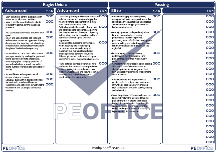 Rugby Union Passing Assessment Sheet