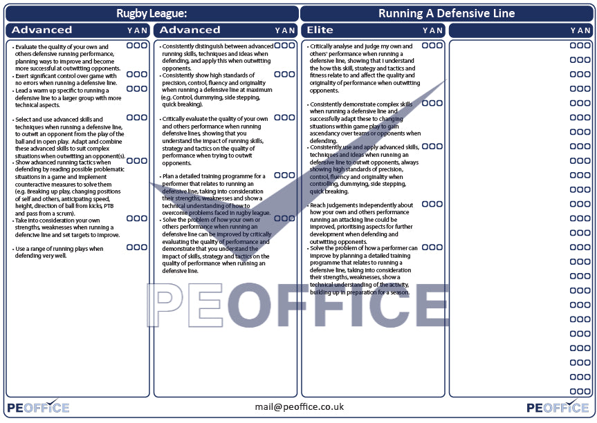 Rugby League Running Defensive Line Assessment Sheet