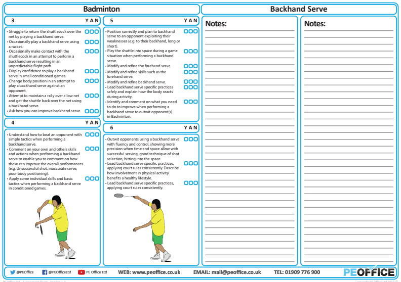 Badminton - Evaluation Sheets - Backhand Serve